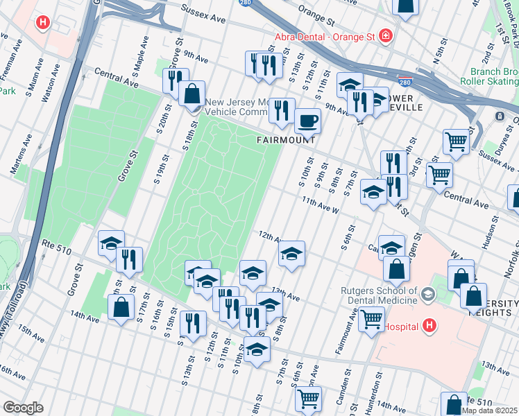 map of restaurants, bars, coffee shops, grocery stores, and more near 246-248 12th Avenue in Newark