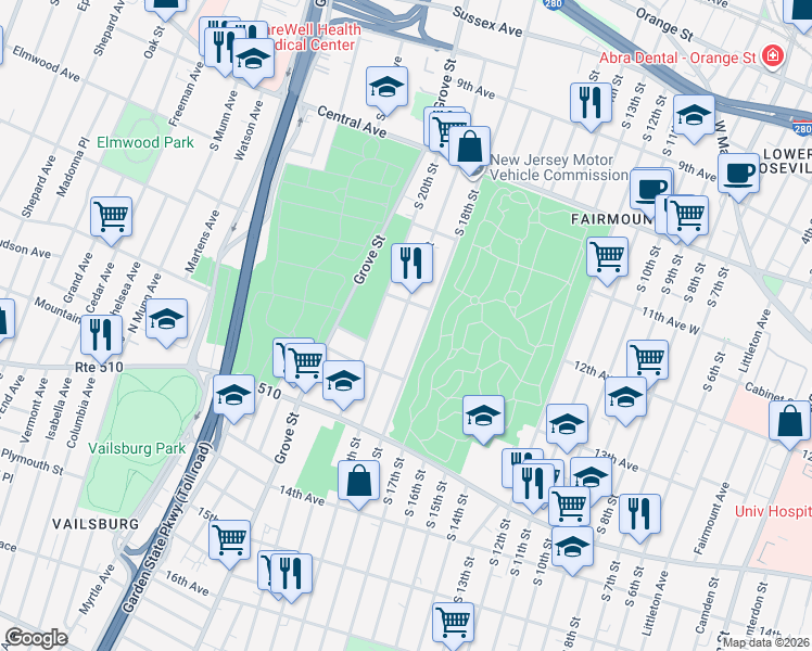 map of restaurants, bars, coffee shops, grocery stores, and more near 316 South 19th Street in Newark
