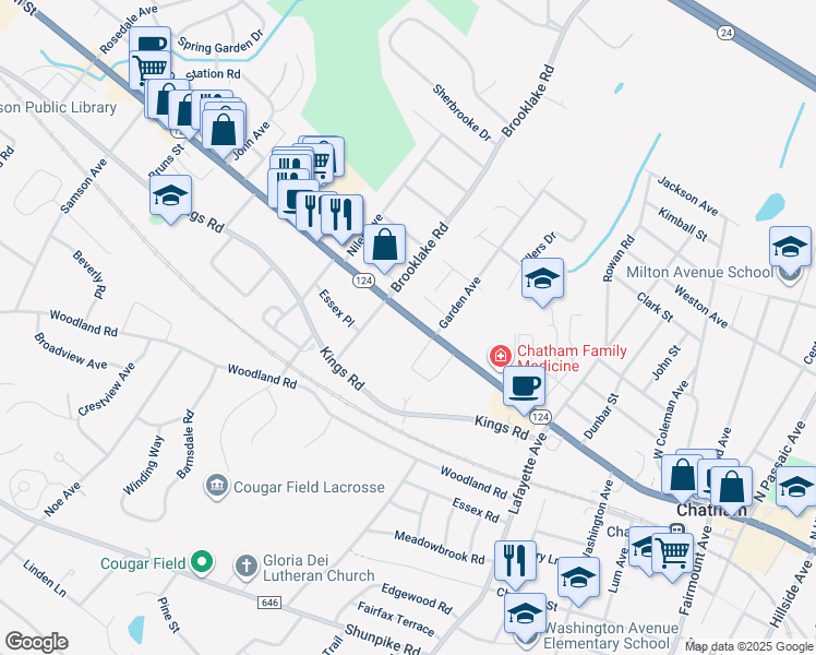 map of restaurants, bars, coffee shops, grocery stores, and more near 585 Main Street in Chatham