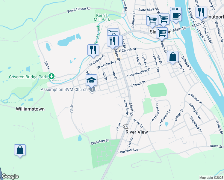 map of restaurants, bars, coffee shops, grocery stores, and more near 501 West South Street in Slatington