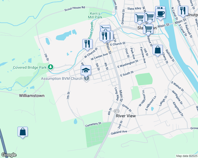 map of restaurants, bars, coffee shops, grocery stores, and more near 501 West South Street in Slatington