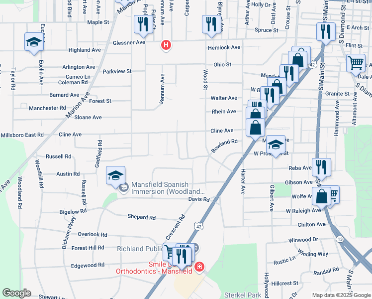 map of restaurants, bars, coffee shops, grocery stores, and more near 340 Abbeyfeale Road in Mansfield
