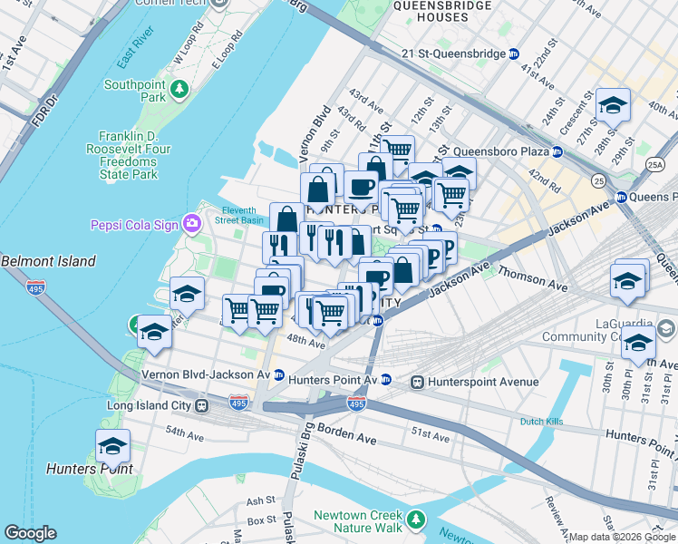 map of restaurants, bars, coffee shops, grocery stores, and more near 11-15 46th Road in Queens