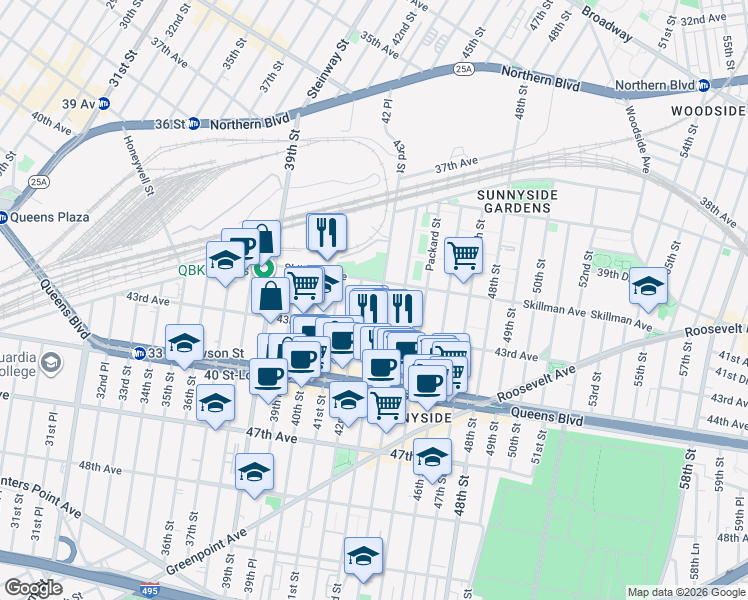 map of restaurants, bars, coffee shops, grocery stores, and more near 41-33 42nd Street in Queens