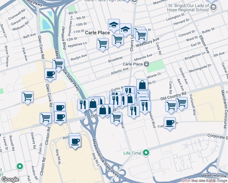 map of restaurants, bars, coffee shops, grocery stores, and more near 307 Wright Avenue in Carle Place