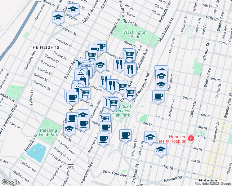 map of restaurants, bars, coffee shops, grocery stores, and more near 52 Bowers Street in Jersey City