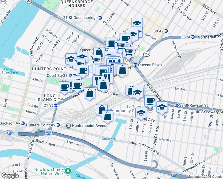 map of restaurants, bars, coffee shops, grocery stores, and more near 44-41 Purves Street in Queens