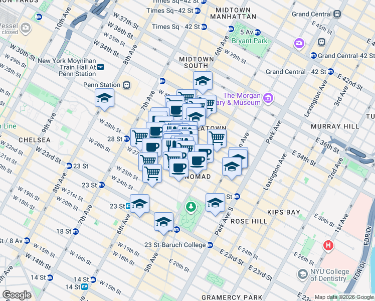 map of restaurants, bars, coffee shops, grocery stores, and more near 1204 Broadway in New York