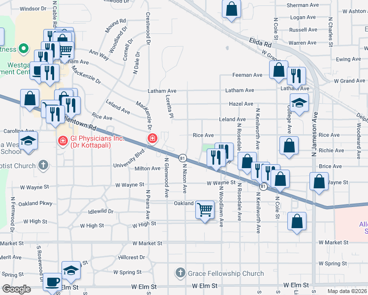 map of restaurants, bars, coffee shops, grocery stores, and more near 1650 Allentown Road in Lima