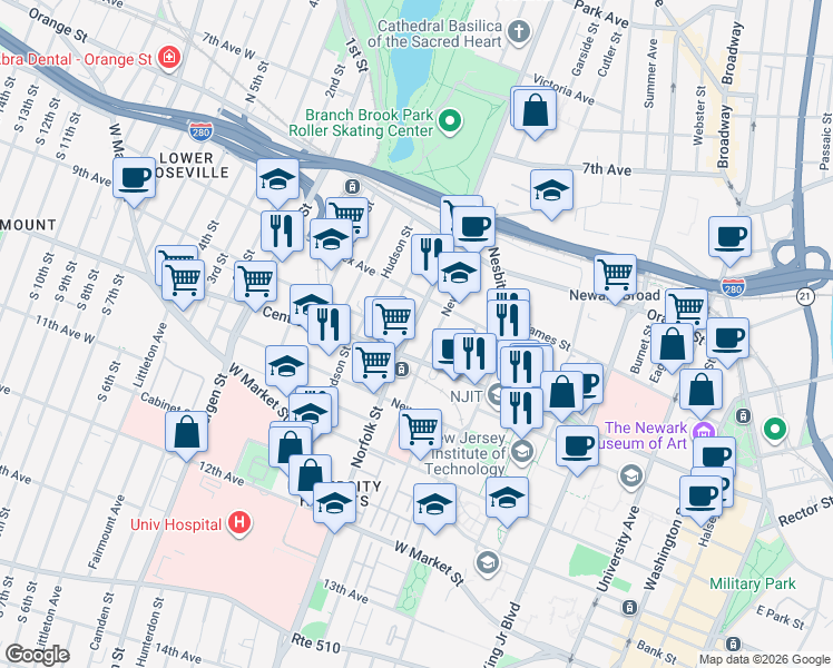 map of restaurants, bars, coffee shops, grocery stores, and more near 88 Norfolk Street in Newark