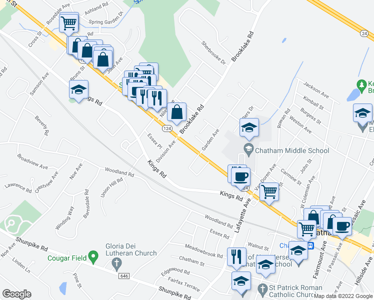 map of restaurants, bars, coffee shops, grocery stores, and more near 585 Main Street in Chatham