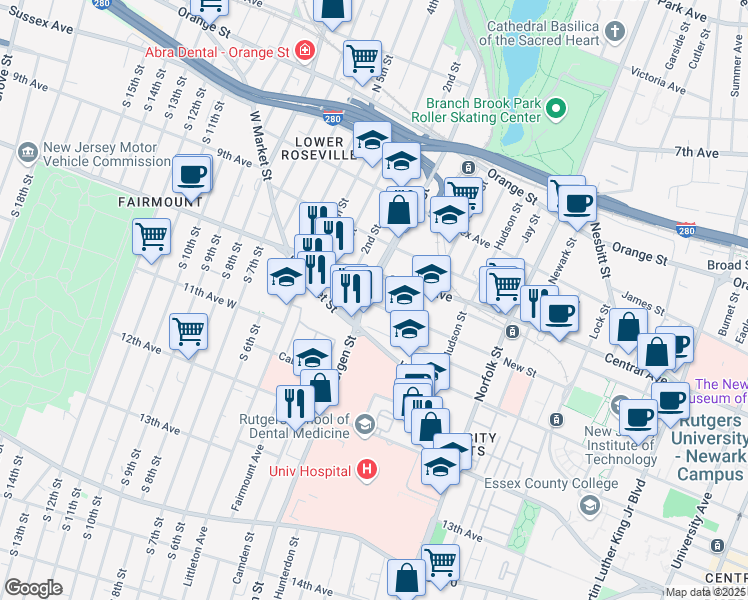 map of restaurants, bars, coffee shops, grocery stores, and more near 392 New Street in Newark