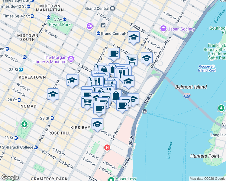 map of restaurants, bars, coffee shops, grocery stores, and more near 245e East 36th Street in New York