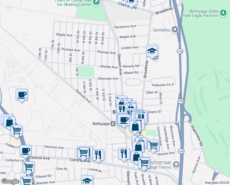 map of restaurants, bars, coffee shops, grocery stores, and more near 15 Grant Avenue in Bethpage