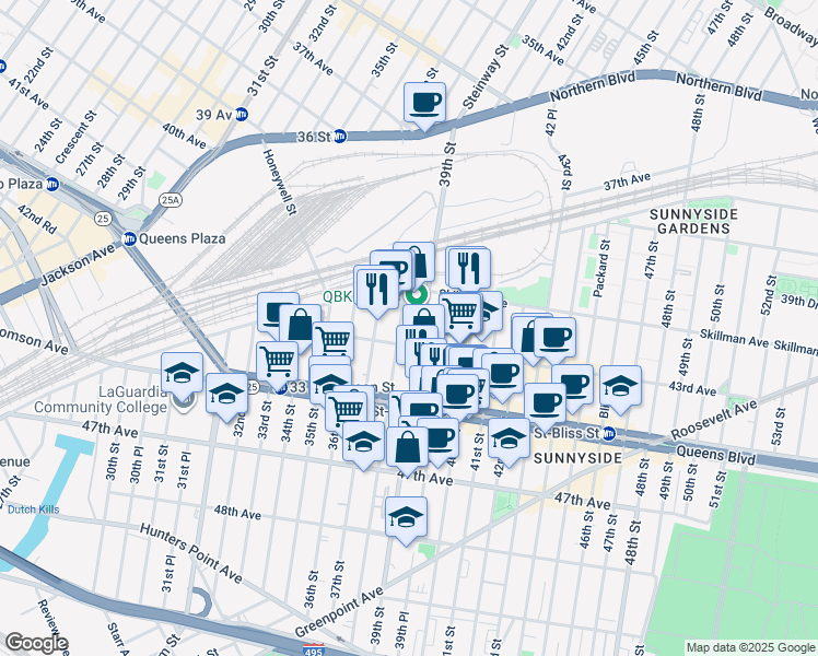 map of restaurants, bars, coffee shops, grocery stores, and more near 38-09 43rd Avenue in Queens
