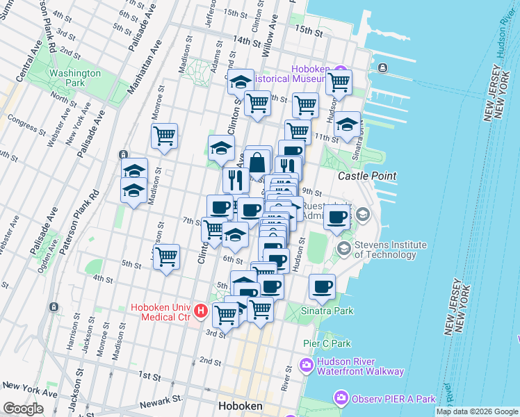 map of restaurants, bars, coffee shops, grocery stores, and more near 8th St & Garden St in Hoboken