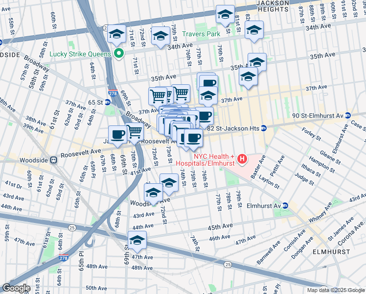 map of restaurants, bars, coffee shops, grocery stores, and more near 74-10 Broadway in Queens