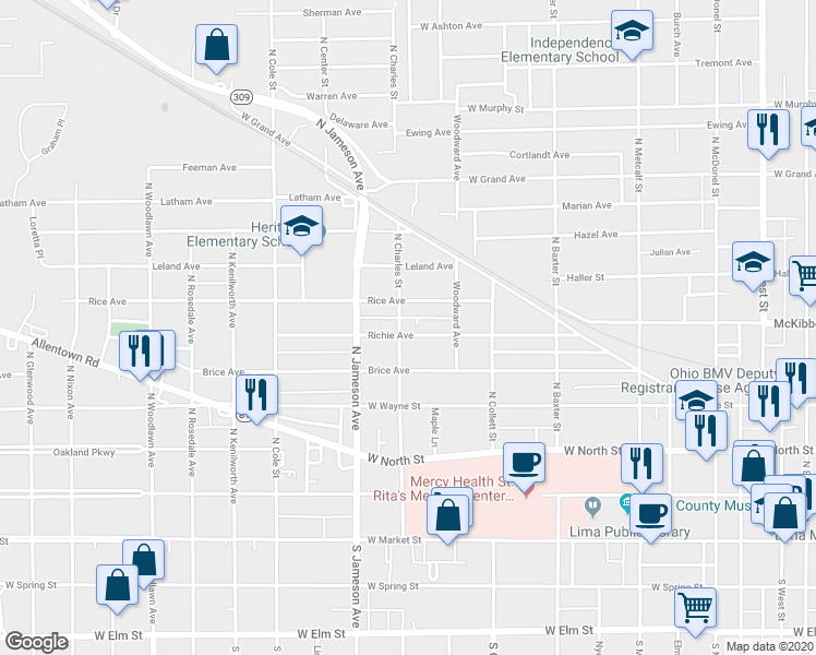 map of restaurants, bars, coffee shops, grocery stores, and more near 988 Richie Avenue in Lima