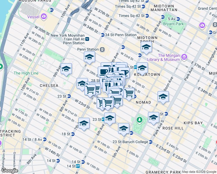 map of restaurants, bars, coffee shops, grocery stores, and more near 121 West 27th Street in New York