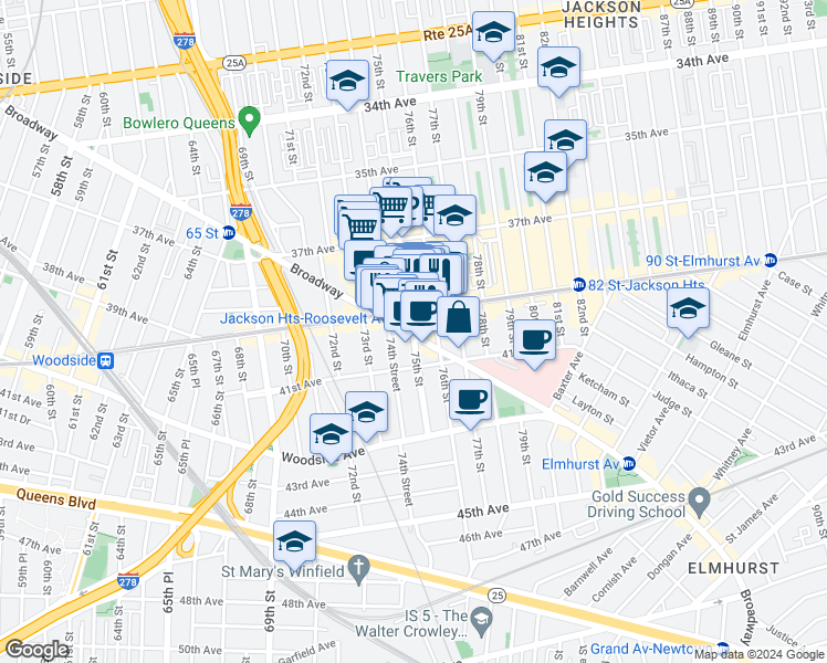 map of restaurants, bars, coffee shops, grocery stores, and more near 75th Street in Queens