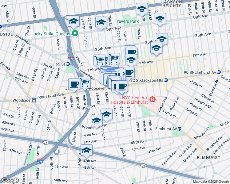 map of restaurants, bars, coffee shops, grocery stores, and more near in Queens
