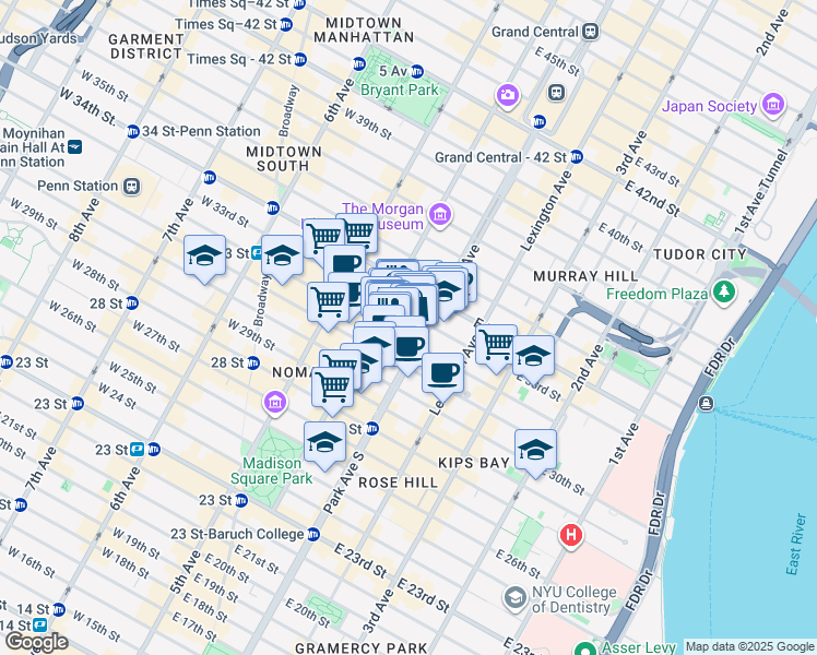 map of restaurants, bars, coffee shops, grocery stores, and more near 38 East 32nd Street in New York