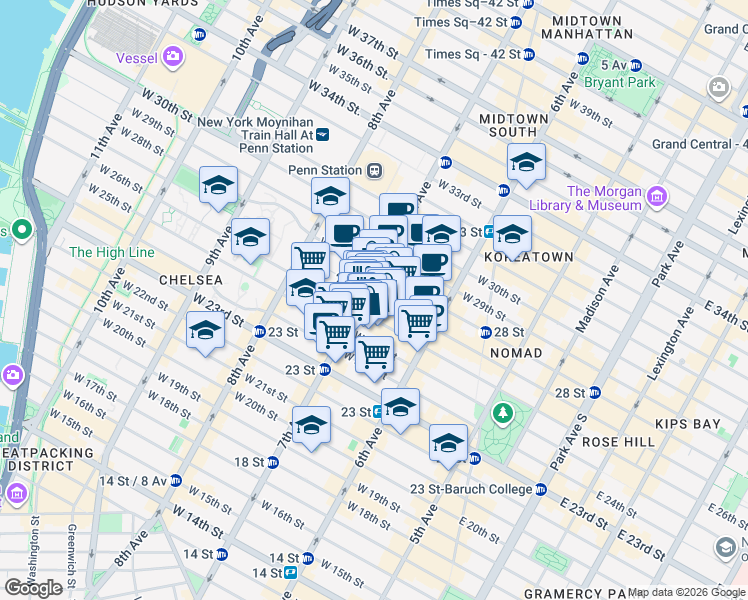map of restaurants, bars, coffee shops, grocery stores, and more near in New York