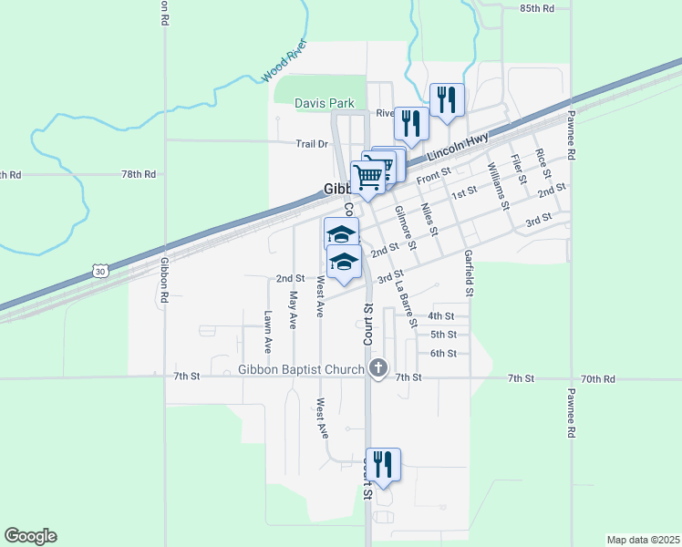 map of restaurants, bars, coffee shops, grocery stores, and more near 1001 2nd Street in Gibbon