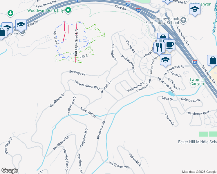 map of restaurants, bars, coffee shops, grocery stores, and more near 7890 Boothill Drive in Park City