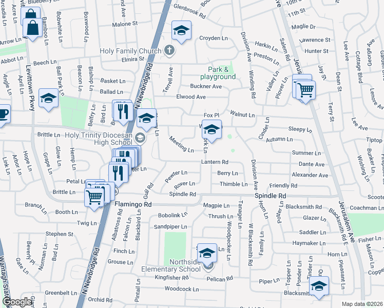 map of restaurants, bars, coffee shops, grocery stores, and more near 82 Lantern Road in Hicksville