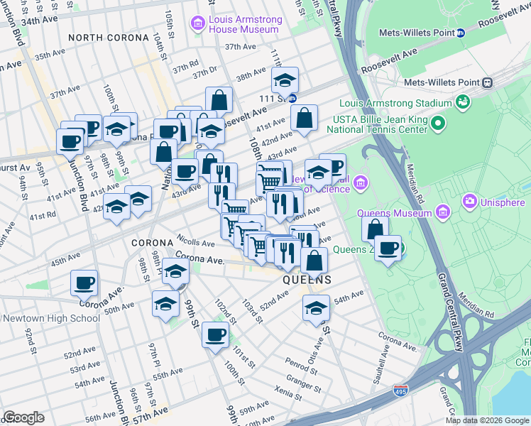 map of restaurants, bars, coffee shops, grocery stores, and more near 46-20 108th Street in Queens