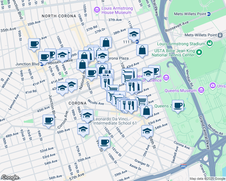 map of restaurants, bars, coffee shops, grocery stores, and more near 104-29 47th Avenue in Queens