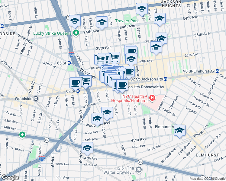 map of restaurants, bars, coffee shops, grocery stores, and more near in Queens