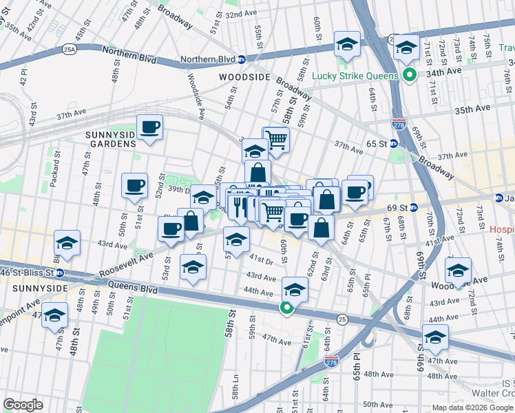 map of restaurants, bars, coffee shops, grocery stores, and more near 39-76 58th Street in Queens