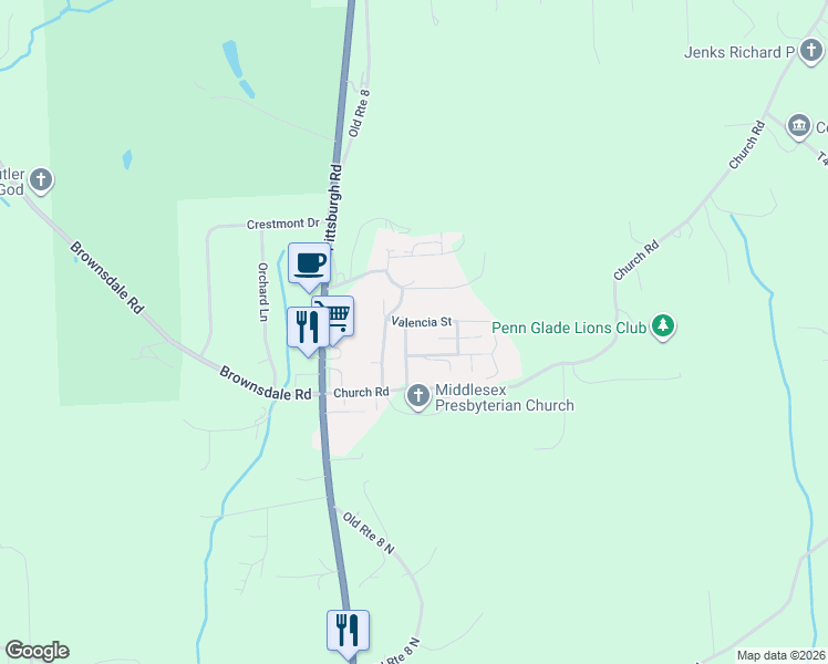 map of restaurants, bars, coffee shops, grocery stores, and more near 111 Monaco Street in Butler