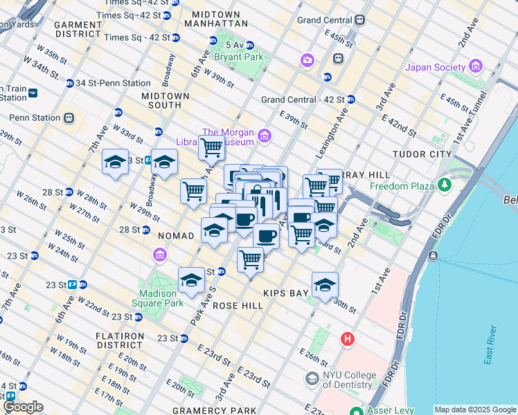 map of restaurants, bars, coffee shops, grocery stores, and more near 100 East 33rd Street in New York