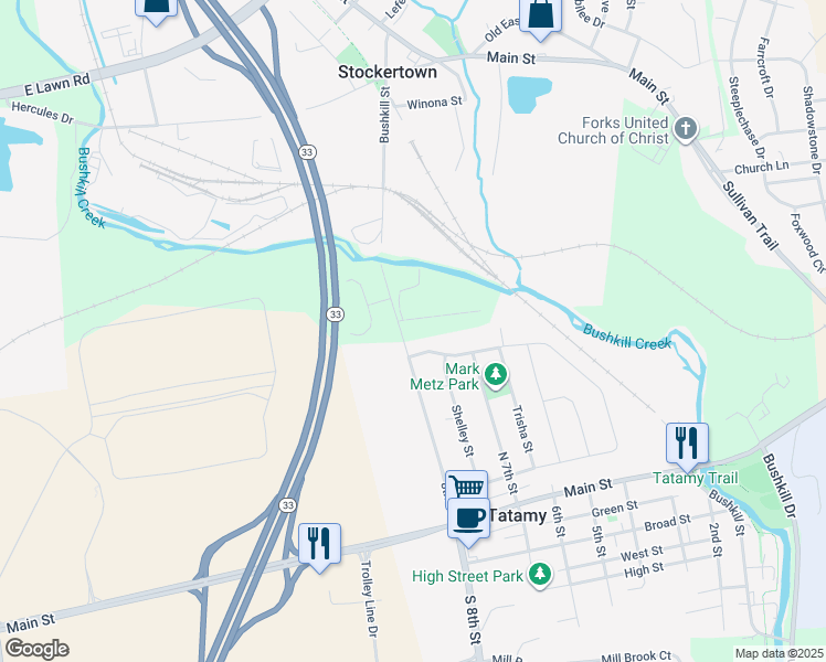 map of restaurants, bars, coffee shops, grocery stores, and more near 765 Chief Tatamy Street in Easton