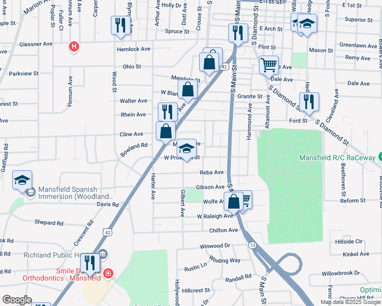 map of restaurants, bars, coffee shops, grocery stores, and more near 78 West Prospect Street in Mansfield