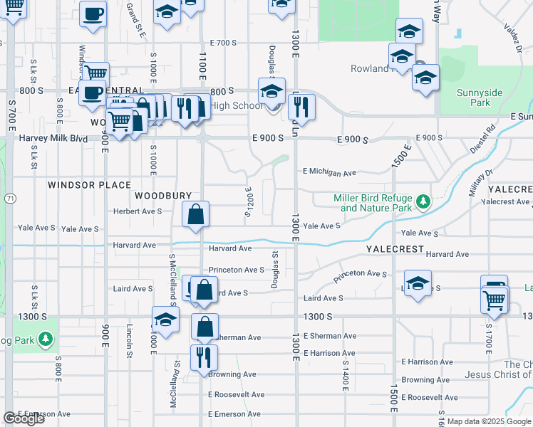 map of restaurants, bars, coffee shops, grocery stores, and more near 1042 Douglas Street in Salt Lake City