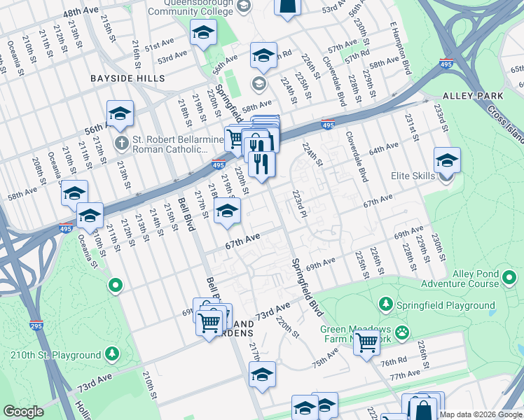 map of restaurants, bars, coffee shops, grocery stores, and more near 219-41 67th Avenue in Queens