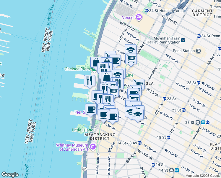 map of restaurants, bars, coffee shops, grocery stores, and more near 521 West 19th Street in New York