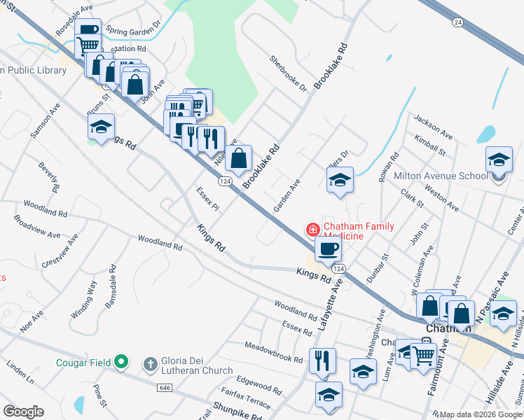 map of restaurants, bars, coffee shops, grocery stores, and more near 575 Main Street in Chatham Township