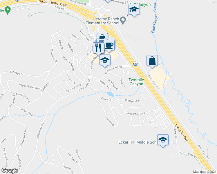 map of restaurants, bars, coffee shops, grocery stores, and more near Pinebrook Boulevard in Park City