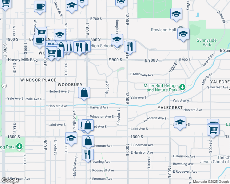 map of restaurants, bars, coffee shops, grocery stores, and more near 1042 Douglas Street in Salt Lake City