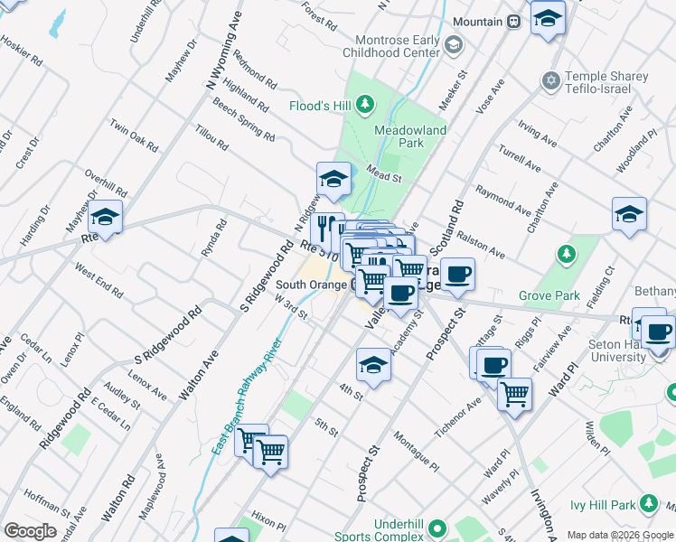 map of restaurants, bars, coffee shops, grocery stores, and more near 9 Trenchard Place in South Orange