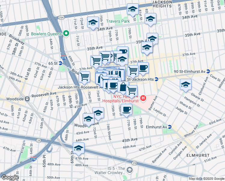 map of restaurants, bars, coffee shops, grocery stores, and more near in Queens