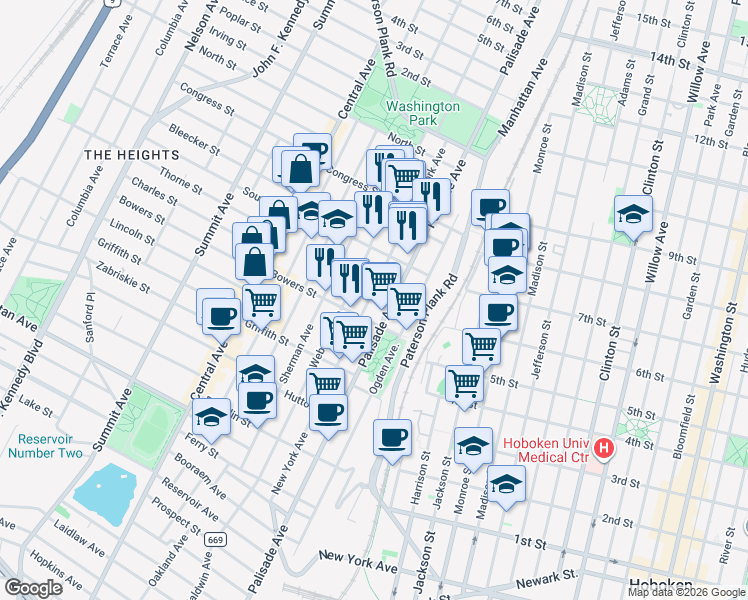 map of restaurants, bars, coffee shops, grocery stores, and more near in Jersey City