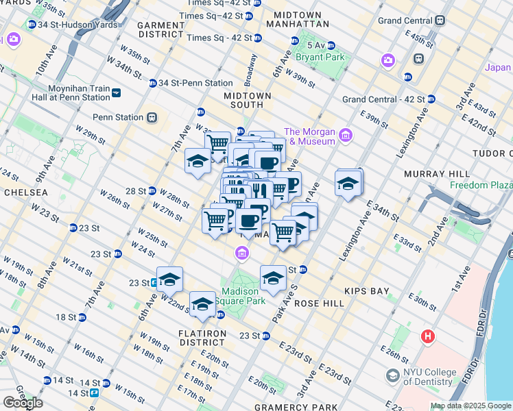 map of restaurants, bars, coffee shops, grocery stores, and more near 16 West 29th Street in New York