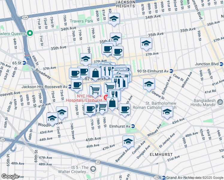 map of restaurants, bars, coffee shops, grocery stores, and more near 80-02 41st Avenue in Queens