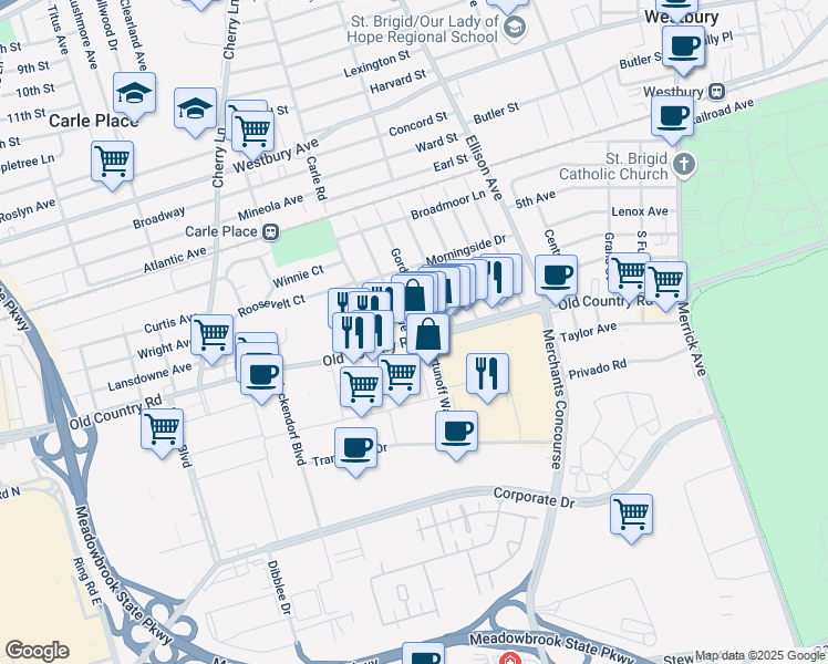 map of restaurants, bars, coffee shops, grocery stores, and more near 449 Old Country Road in Westbury